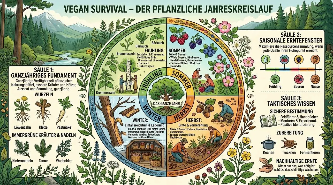 Eine zusammenfassende Infografik, die den Jahreszyklus der Pflanzenwelt illustriert und aufzeigt, wann welche Vorteile der Pflanzenwelt es gibt oder jahreszeitliche Schwankungen für Extremsituationen relevant sind.