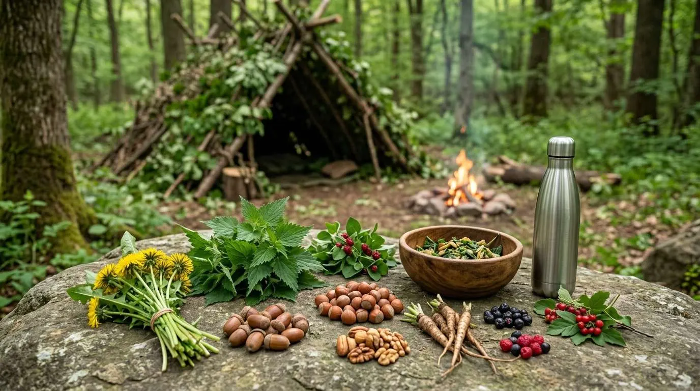 Ein Survival Shelter bzw. eine Notunterkunft aus Waldmaterialien steht im Hintergrund inmitten eines Waldes. Im Vordergrund liegen verschiedene essbare Pflanzen und eine Schüssel sowie eine Edelstahlflasche bereit.