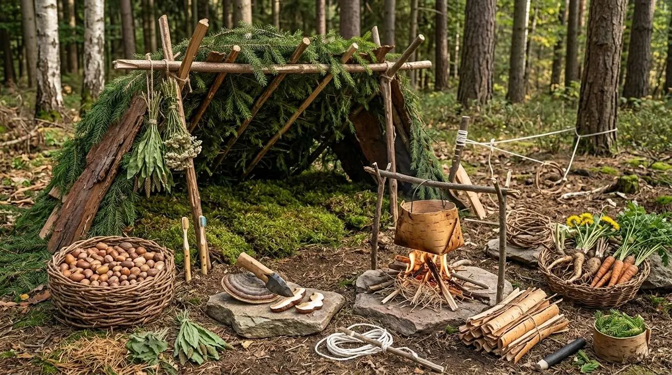 Das Arsenal der Natur hat einiges zu bieten, so lässt sich wie im Bild zu sehen, ein Shelter, Werkzeug, Nahrung, Kleidung und Heilkunde aus der Kraft der Pflanzenwelt mobilisieren. Im Bild sieht man nebst einer Notunterkunft in einem Wald einige Nahrungsmittel pflanzlichen Ursprungs wie Nüsse, Wurzeln oder Kräuter. Über einem Feuer hängt eine Art Topf aus Birkenrinde an einem Stock. Etwaige Werkzeuge wie eine Axt runden den Eindruck eines Waldlagers auf pflanzlicher Basis ab.