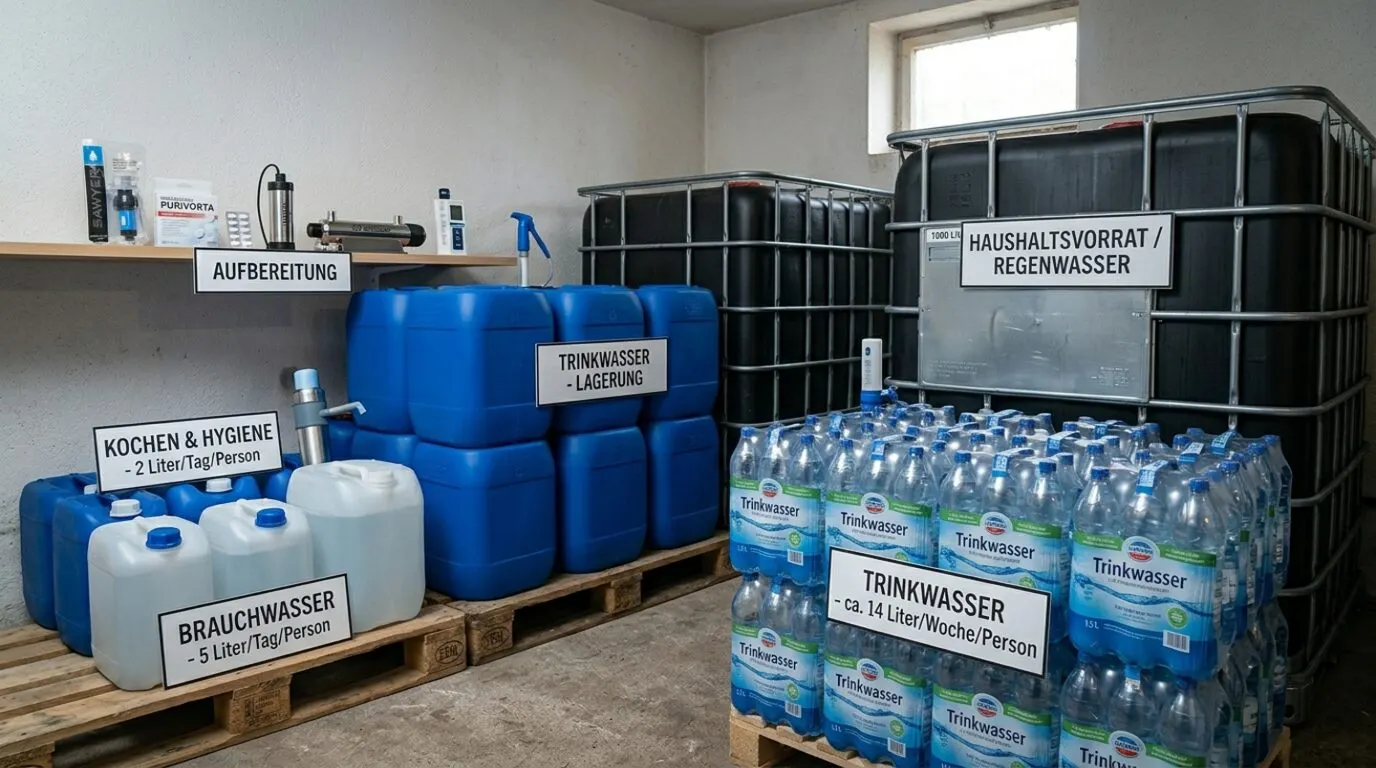 Umfassende Wasservorräte im Lager, Kanister, Wasservorrat Notvorrat Wasser Survival Krisenvorbereitung Prepping Guide Lagerung Ausrüstung Micropur Konservieren Entkeimung