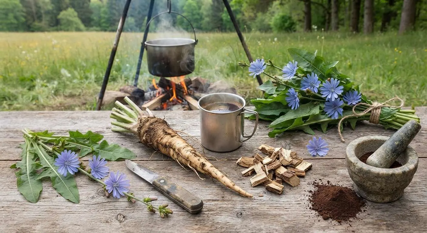 Auf einem Tisch liegen Wegwartenpflanzen, deren Wurzeln (teils geröstet und zu Muckefuck Kaffee vermahlen. Im Hintergrund hängt ein Kessel über einem Lagerfeuer.